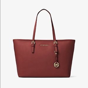 Michael Kors Burgandy Jet Set Medium Saffiano Leather Top-Zip Tote Bag